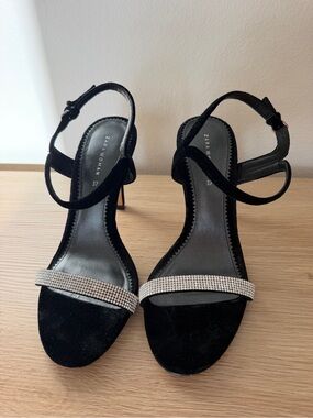 Zara Black Velvet Heeled Sandals with Rhinestone Front Strap